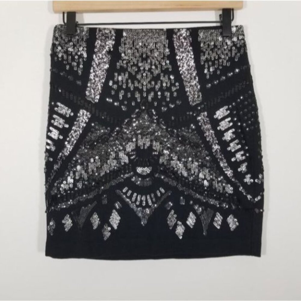 Express Black Silver Sequin Embellished Stretch Mini Skirt Small